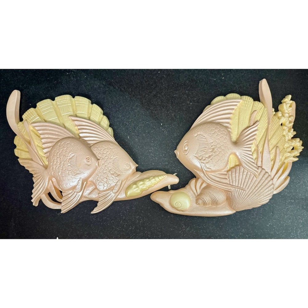 Vintage 1980s Fish Set Plaques by Burwood Cream Dusty Pink Beige Sea Life Shells